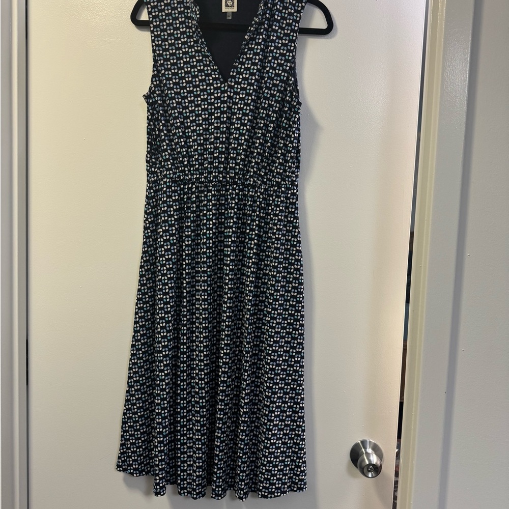Anne Klein Blue and White Pleated V-Neck Sundress